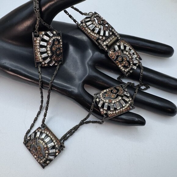 Rare Gorgeous Sweet Romance Art Deco Design Rhinestone Necklaces Brass Tone - Picture 9 of 11